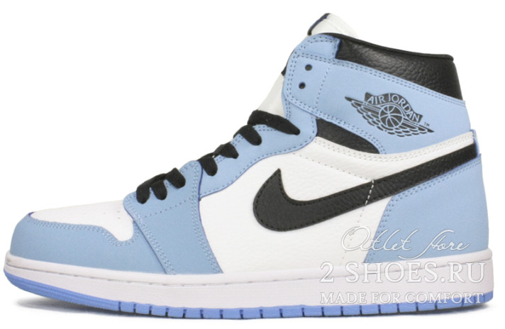 Кроссовки Nike Air Jordan 1 High White University Blue Black 555088-134 белые, синие, кожаные
